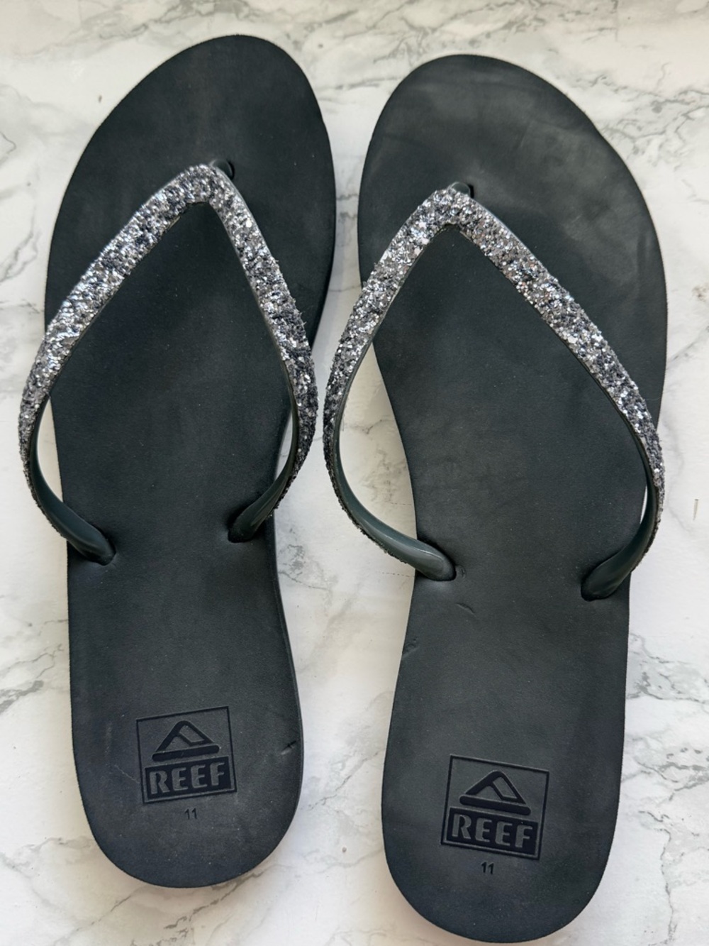 Reef Women's Black Flip Sandals with Silver Glitter Straps
